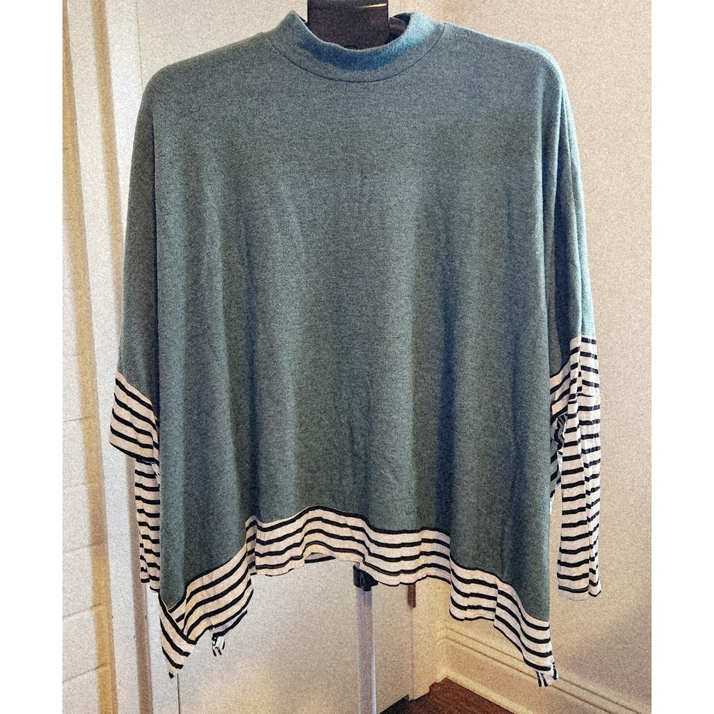 Lovely Melody Women Teal Green Striped Mock Neck Asymmetrical Poncho Sweater S